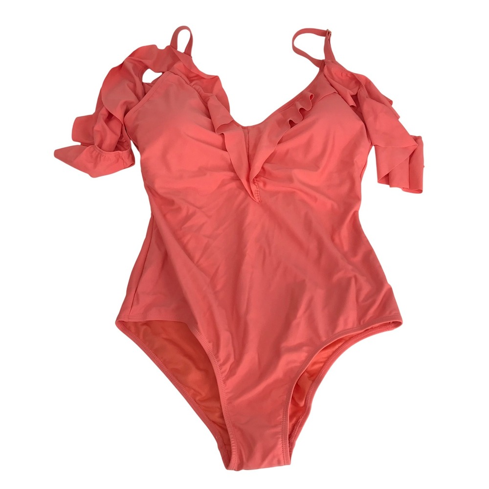 Nicole Miller New York Coral Pink Ruffle High Neck Halter One Piece Swimsuit XL